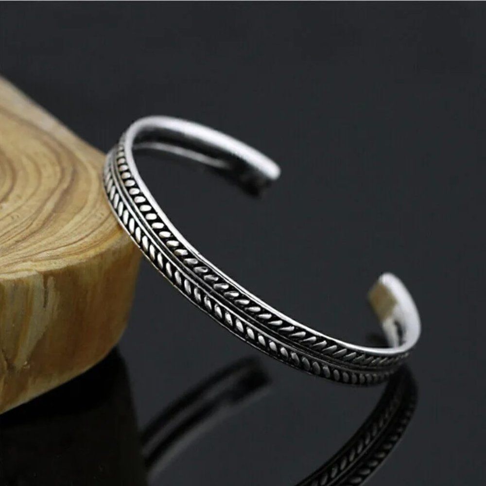 Braided Stamped Silver Tone Cuff Bracelet for Men or Women (thicker style) #502